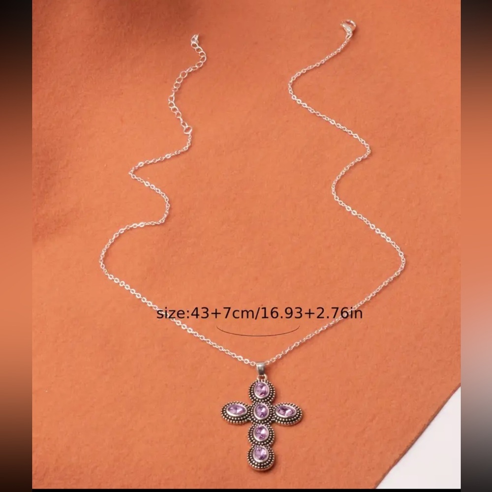 Purple Amethyst, Simulated, Retro Cross Pendant Silver Plated Necklace - Picture 7 of 8